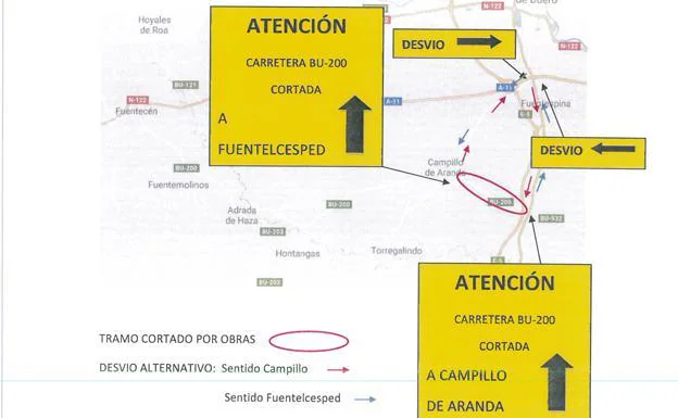 Croquis que muestra los desvíos previstos ante el corte de la carretera BU-200./Junta Castilla y León
